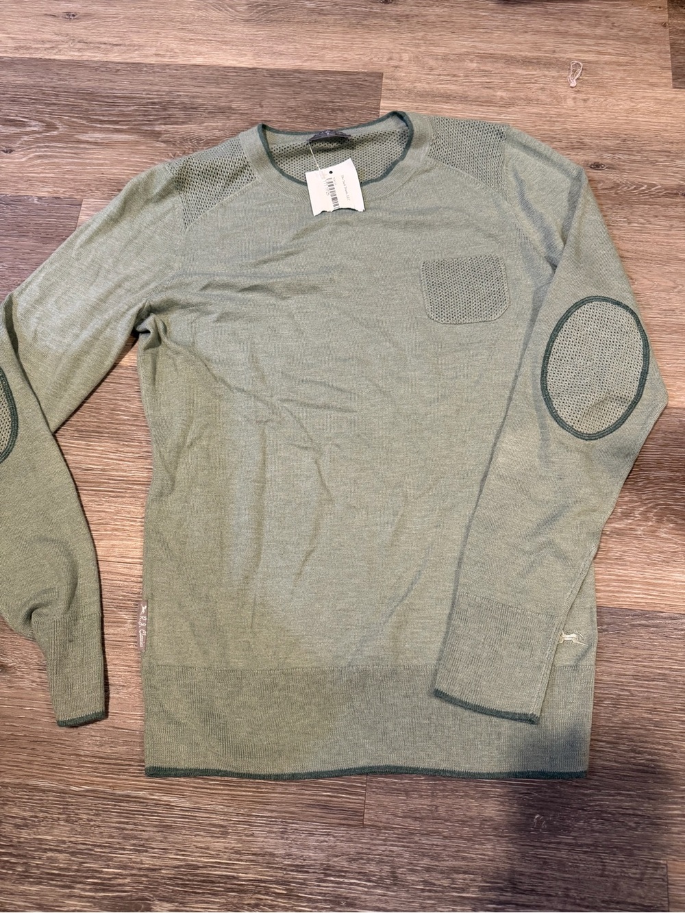 R.J. Classic Light Olive Green Knit Top with Contrast Elbow Details